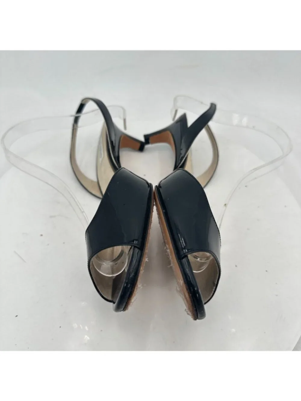 Max Mara Women EU 37 Black Patent Open-Toe Slingback Kitten-Heel Sandals